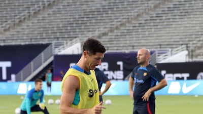 Robert Lewandowski trains for the friendly against Juventus in Dallas. EPA