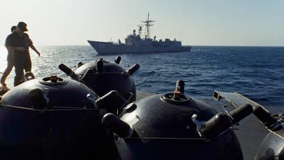 This September 21, 1987 file photo shows mines aboard the Iranian ship Iran Ajr being inspected by a boarding party from the USS Lasalle in the Persian Gulf. AP