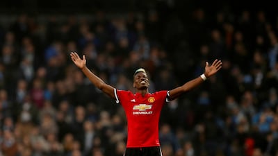Paul Pogba, who will leave Manchester United this summer after a six-year second spell at the club, celebrates after his match-winning display against rivals Manchester City in the Premier League clash at the Etihad Stadium in April 2018. Pogba scored two goals in a 3-2 win for United. Reuters