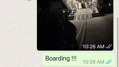 A WhatsApp message sent by Ms Bayat as she boarded the plane at Kabul airport. Photo: Dan Druhora