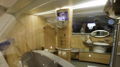 The region’s big three airlines of Dubai, Abu Dhabi and Doha displayed their increasingly luxurious business and first class cabins at the Arabian Travel Market. Above, a mockup of shower spa from the Airbus A380 fleet of Emirates Airline. Jaime Puebla / The National
