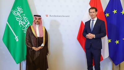 Saudi Arabia's Foreign Minister Prince Faisal bin Farhan with the Chancellor of Austria Sebastian Kurz. SPA