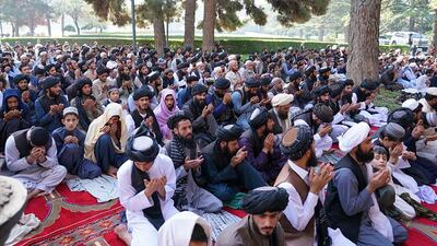 Members of the Taliban offering Eid Al Fitr prayers, marking the end of Ramadan at the former presidential palace in Kabul, Afghanistan. AFP