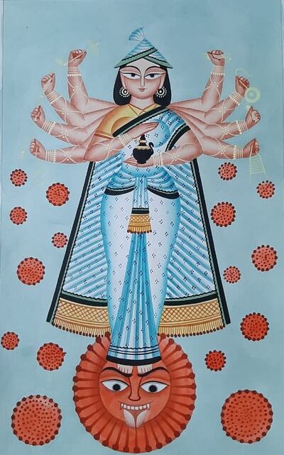 This work depicts a new god or goddess emerging to save the world when it is in deep trouble. It is a belief held by every devout Hindu. Using the image of Durga, Anwar depicts the new goddess as she arrives to conquer the pandemic evil. Photo: Anwar Chitrakar