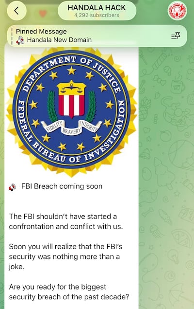 Handala, an Iran-linked hacker group, sent out this message on Thursday.