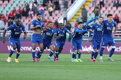 Al Hilal's players celebrate after winning the penalty shoot-out against Wydad during the Club World Cup second-round match at the Prince Moulay Abdellah Stadium in Rabat on February 4, 2023. AFP