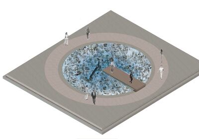 Amal Ayoub's Salt Pond (2017). This piece highlights the rareness and beauty of the Dead Sea, the fragile nature of this rare local treasure, and concern for the future of the site. Courtesy Amal Ayoub