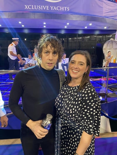 Razorlight's Johnny Borrell with The National's Farah Andrews in Yas Marina during the Abu Dhabi F1 weekend.