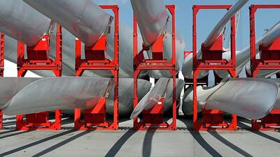 Wind turbines' blades at Haizea Wind Group's headquarters in Bilbao, The city is the spearhead of the Spanish wind power industry. Ander Gillenea/AFP