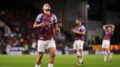Anass Zaroury of Burnley reacts after missing an opportunity on goal. Getty Images