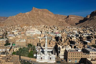The city of Tarim in Yemen's Hadramawt governorate, with Al Muhdhar Mosque in the foreground. AFP