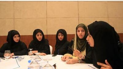 The UAEU students, from left, Fatima Hashem al Kaabi, Noura Khalifa al Kaabi, Hessa Hasan al Turkumani, Alaa K J Farjallah and Nouf al Qadi at the workshop in Abu Dhabi yesterday. Ravindranath K / The National