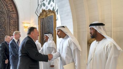 Khaldoon Khalifa Al Mubarak, CEO and Managing Director of Mubadala, chairman of the Abu Dhabi Executive Affairs Authority and Abu Dhabi Executive Council Member (Second right), greets Mike Pompeo, Secretary of State of the United States. Seen with Mohamed Mubarak Al Mazrouei, undersecretary of the Crown Prince Court of Abu Dhabi. Mohamed Al Hammadi / Ministry of Presidential Affairs