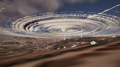 Lawrence Abu Hamdan, Zifzafa, 2024. Still from the video game simulation showing how the Israeli turbines will impact the everyday life of the Syrian Jawlani community in the Golan Heights. Photo: Lawrence Abu Hamdan