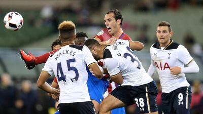 Diego Godin of Atletico Madrid compete for the ball during 2016 International Champions Cup Australia match between Tottenham Hotspur and Atletico de Madrid at Melbourne Cricket Ground on July 29, 2016 in Melbourne, Australia. (Photo by Jack Thomas/Getty Images)