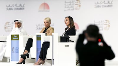 Tayeb Al Rais, Secretary General of Awqaf and Minor Affairs, Clare Woodcraft, chief executive of Emirates Foundation, left, and Maysa Jalbout, chief executive of Abdulla Al Ghurair Foundation for Education, at the second plenary session of the Global Islamic Economy Summit 2016, “Philanthropy in the Muslim world: harnessing the abundance of under utilised capital for social development.” Reem Mohammed / The National