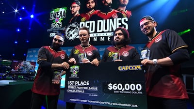 Abu Dhabi esports team Red Dunes celebrate winning the Street Fighter League EMEAA championship in London, securing $60,000 in prize money and a place at the world finals in Japan next March. Photo: Red Dunes Games