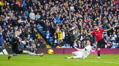 Leeds United's goalkeeper Illan Meslier saves from Manchester United's Bruno Fernandes. AP