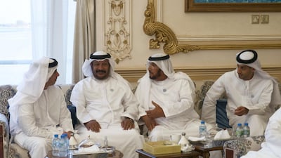 (L-R) HH Lt General Sheikh Saif bin Zayed Al Nahyan, UAE Deputy Prime Minister and Minister of Interior, HH Sheikh Saeed bin Mohamed Al Nahyan, HH Sheikh Mohamed bin Butti Al Hamed and HH Sheikh Khaled bin Zayed Al Nahyan, Chairman of the Board of Zayed Higher Organization for Humanitarian Care and Special Needs (ZHO), attend a Sea Palace barza. Rashed Al Mansoori / Crown Prince Court - Abu Dhabi