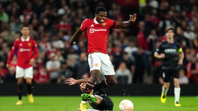 United's Tyrell Malacia and Real Sociedad's Brais Mendez battle for the ball. PA