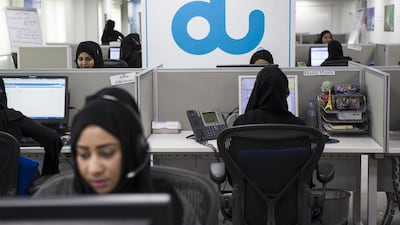 The 100 Emirati staff at the du call centre in Fujairah are celebrating three years since the centre opened its doors. Antonie Robertson / The National