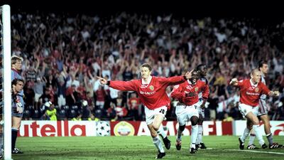 26 May 1999: Ole Gunnar Solskjaer of Manchester United celebrates his late winner during the UEFA Champions League Final against Bayern Munich at the Nou Camp in Barcelona, Spain. Getty