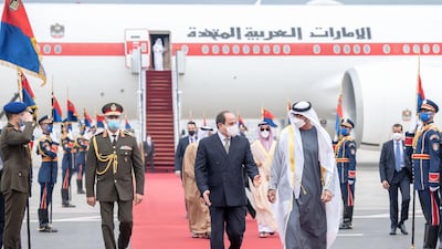 Sheikh Mohamed bin Zayed, Crown Prince of Abu Dhabi and Deputy Supreme Commander of the Armed Forces, was received by the Egyptian President Abdel Fattah Al-Sisi at the airport.