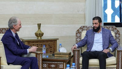 Ahmad Al Shara, leader of the Hayat Tahrir Al Sham militant group that toppled Syria's Bashar Al Assad, meets UN Special Envoy Geir Pedersen in Damascus on December 15. AFP