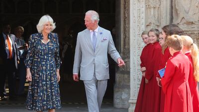 Camilla and Charles leave Exeter Cathedral after their visit on ‘Freedom Day’, when masks no longer were compulsory in England and other coronavirus measures were lifted.