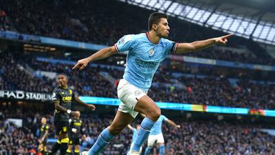 City's Rodri celebrates scoring their first goal at the Etihad Stadium. PA