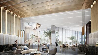The lobby in tower A. Palm 360 joins an array of other upcoming Nakheel developments on Palm Jumeirah, including the 52-storey Palm Tower hotel and residential complex, Nakheel Mall, The Pointe, The Boardwalk and Palm Boulevard. Courtesy Nakheel
