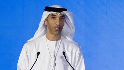 Dr Thani Al Zeyoudi, Minister of Foreign Trade, speaking during the UAE-Chad Trade and Investment Forum in Abu Dhabi. Ryan Lim for The National