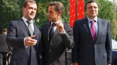Dmitry Medvedev, left, met with Nicolas Sarkosy, centre, and Jose Manuel Barroso, right, to discuss the presence of Russian troops in Georgia.