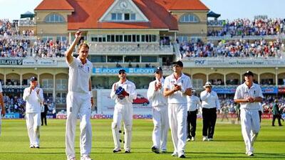 Stuart Broad, second from left, was responsible for an Indian batting collapse at Nottingham on Saturday.