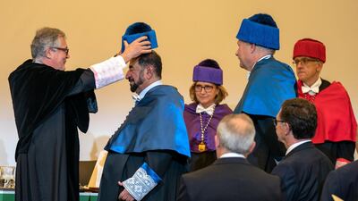 Sheikh Dr Sultan bin Muhammad Al Qasimi receiving an honorary doctorate from the Universidad Autónoma de Madrid. Courtesy Sharjah Media Office