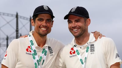 England opener Alastair Cook, left, has called time on his career, while teammate James Anderson is expected to keep going. Reuters