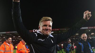 Bournemouth manager Eddie Howe celebrates after their 3-0 Championship win over Bolton on Monday night made Premier League promotion a near-certainty. Charlie Crowhurst / Getty Images / April 27, 2015