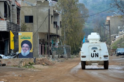 United Nations peacekeepers patrol through the village of Houla in southern Lebanon in March. EPA