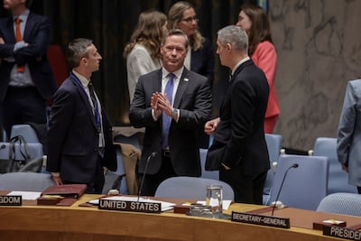 US ambassador to the UN Mike Waltz speaks with France’s representative Jerome Bonnafont before the vote. Reuters