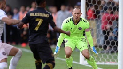 Inter Miami goalkeeper Luis Robles prepares for a shot. Reuters