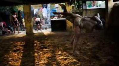 Indian men exercise in their traditional fight club.