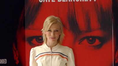 Cate Blanchett, in a biker jacket and skirt, attends a news conference for 'Veronica Guerin' in the Four Seasons Hotel on July 8, 2003 in Dublin, Ireland. Getty Images