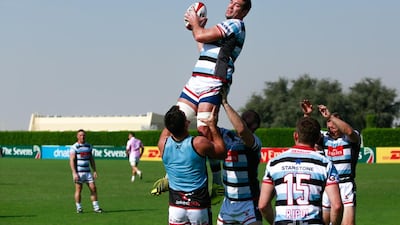 Former Scotland international lock Nathan Hines takes a lineout during practice at the 2015 Dubai Rugby Sevens. Victor Besa for The National.