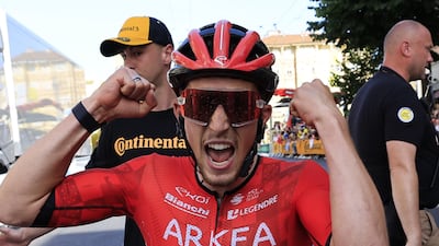 Kevin Vauquelin of Team Arkea-B&B Hotels celebrates after crossing the finish line to win the stage. EPA