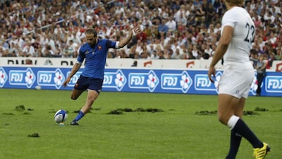 France’s Frederic Michalak scores a penalty during a Test win over England on Saturday night against England at the Stade de France. Thomas Samson / AFP / August 22, 2015