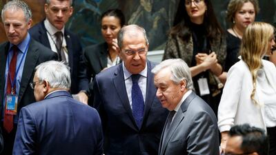 United Nations secretary general Antonio Guterres at a United Nations Security Council meeting with Russia's foreign minister Sergey Lavrov. Justin Lane / EPA