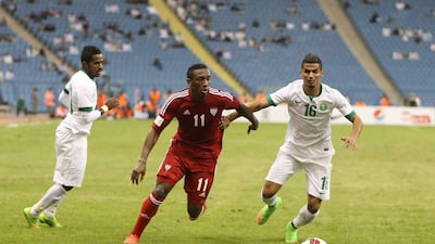 UAE's Ahmed Khalil shown during the 2014 Gulf Cup semi-final against Saudi Arabia in Riyadh. Anas Kanni / Al Ittihad / November 23, 2014