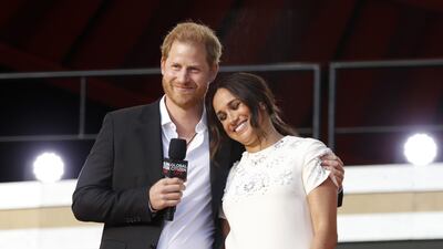Prince Harry and Meghan speak during a Global Citizen Live event in New York, in September 2021. AFP