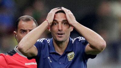 Argentina coach Lionel Scaloni reacts after a decision goes against his side. AFP