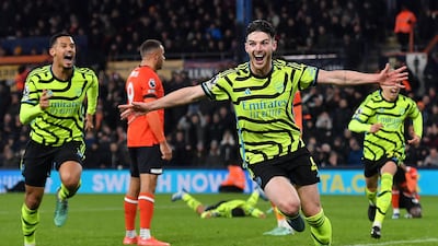 Declan Rice scored the winning goal for Arsenal against Luton Town in the 97th minute. EPA